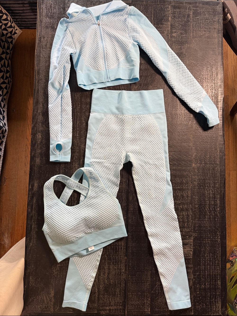 Baby blue 3 Piece Athletic set Fits XS labeled S NEVER WORN